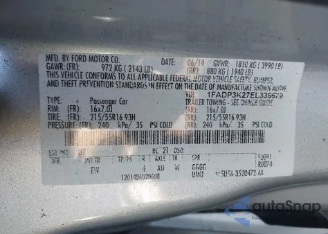 2014 Ford Focus Se z USA, uszkodzony, nr VIN 1FADP3K27EL338679